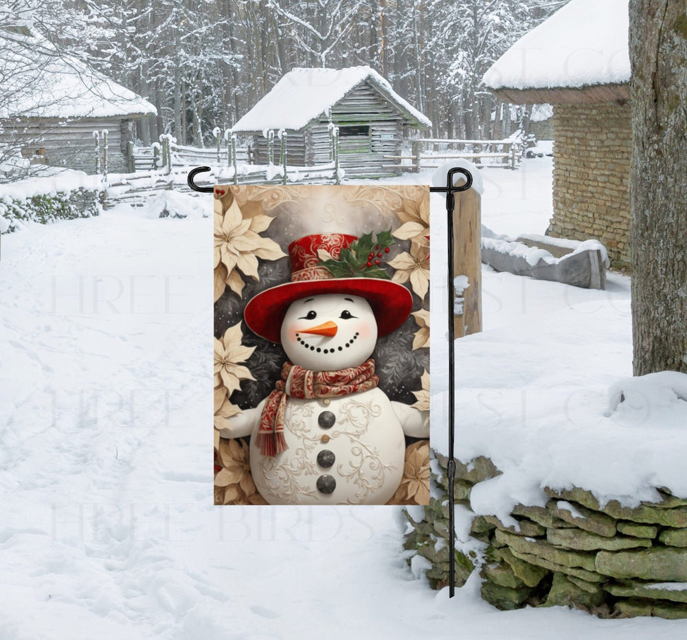 An adorable Snowman Garden Flag with Poinsettias