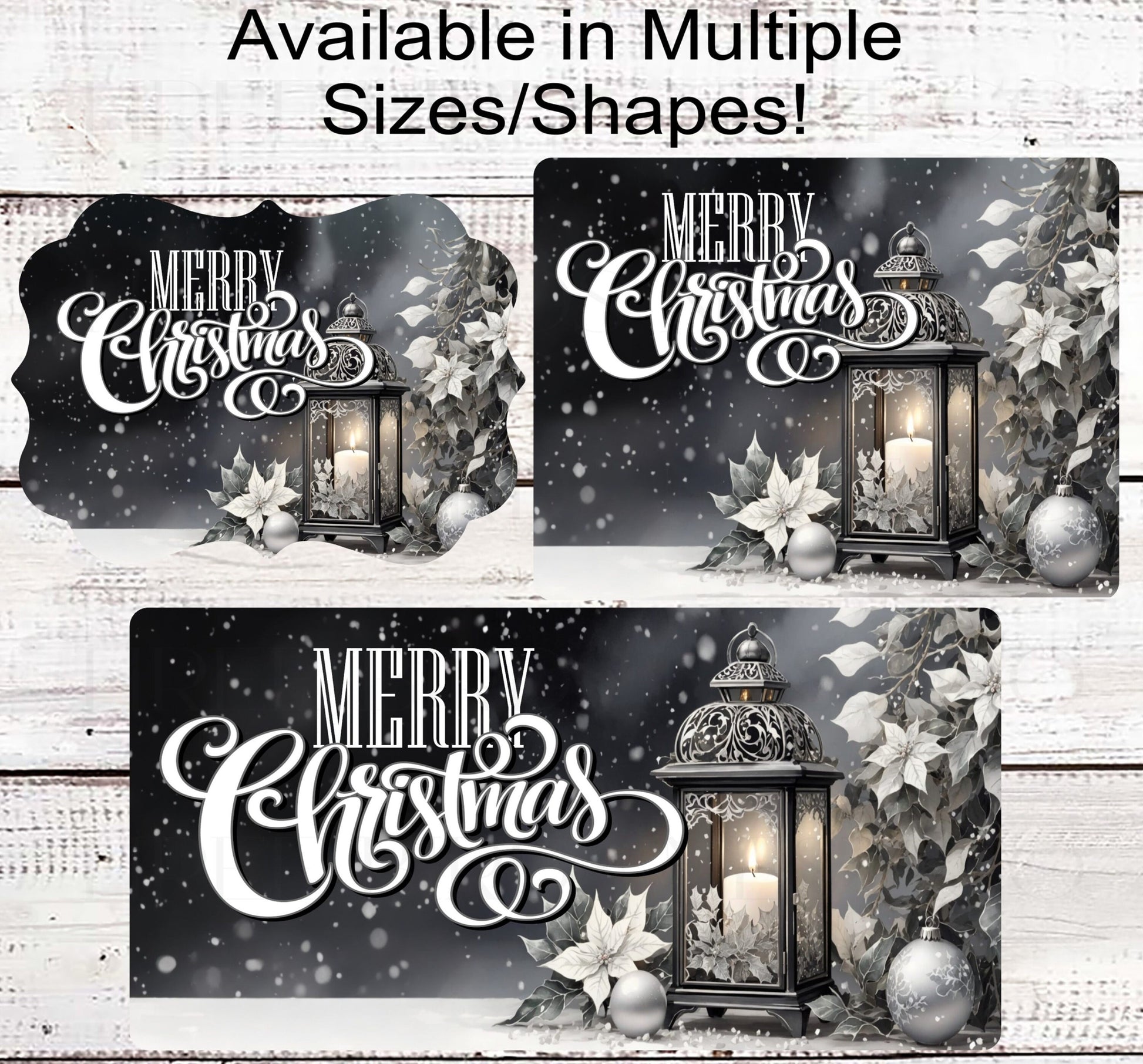 Merry Christmas Lantern Wreath Sign - Poinsettia Sign - Monotone Colors