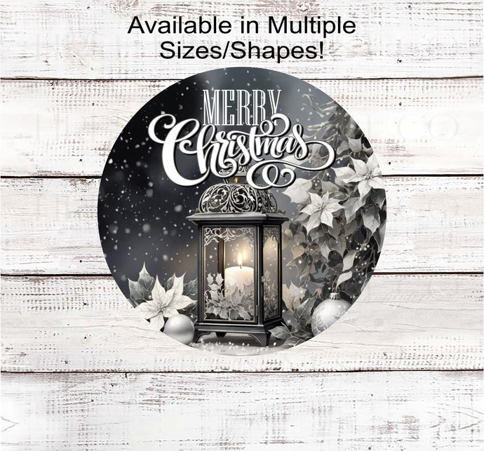 Merry Christmas Lantern Wreath Sign - Poinsettia Sign - Monotone Colors