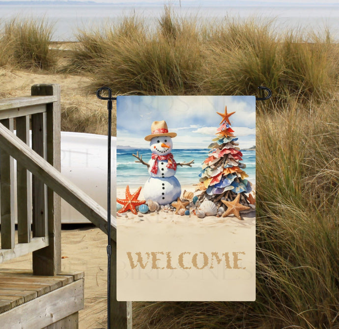 Christmas at the Beach - Snowman Double Sided Garden Flag - Beach Winter Welcome