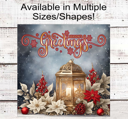Seasons Greetings Lantern Wreath Sign - Poinsettia Sign - Christmas Signs