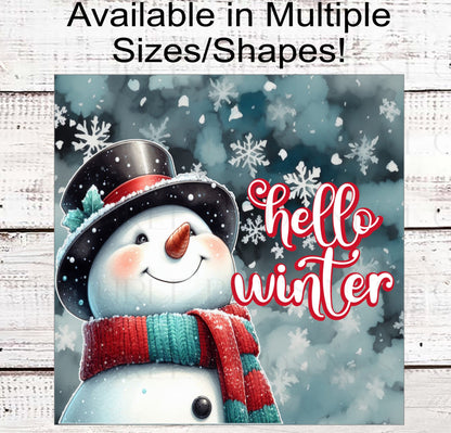 Hello Winter Snowman Wreath Sign - Welcome Wreath Sign - Snowflakes Sign - Winter Welcome Sign