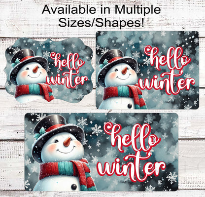 Hello Winter Snowman Wreath Sign - Welcome Wreath Sign - Snowflakes Sign - Winter Welcome Sign