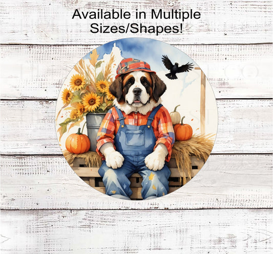 A St Bernard Dog dressed as a Fall Scarecrow