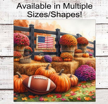 Fall Football Wreath Sign - Fall Pumpkins - American Flag Sign