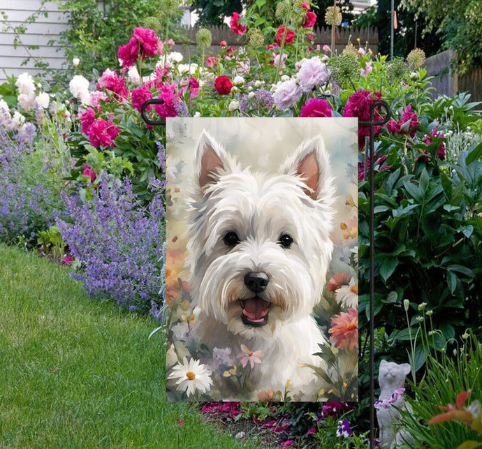 A West Highland White Terrier dog surrounded by beautiful flowers.