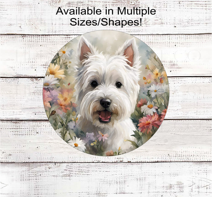 A West Highland White Terrier Dog surrounded by beautiful flowers