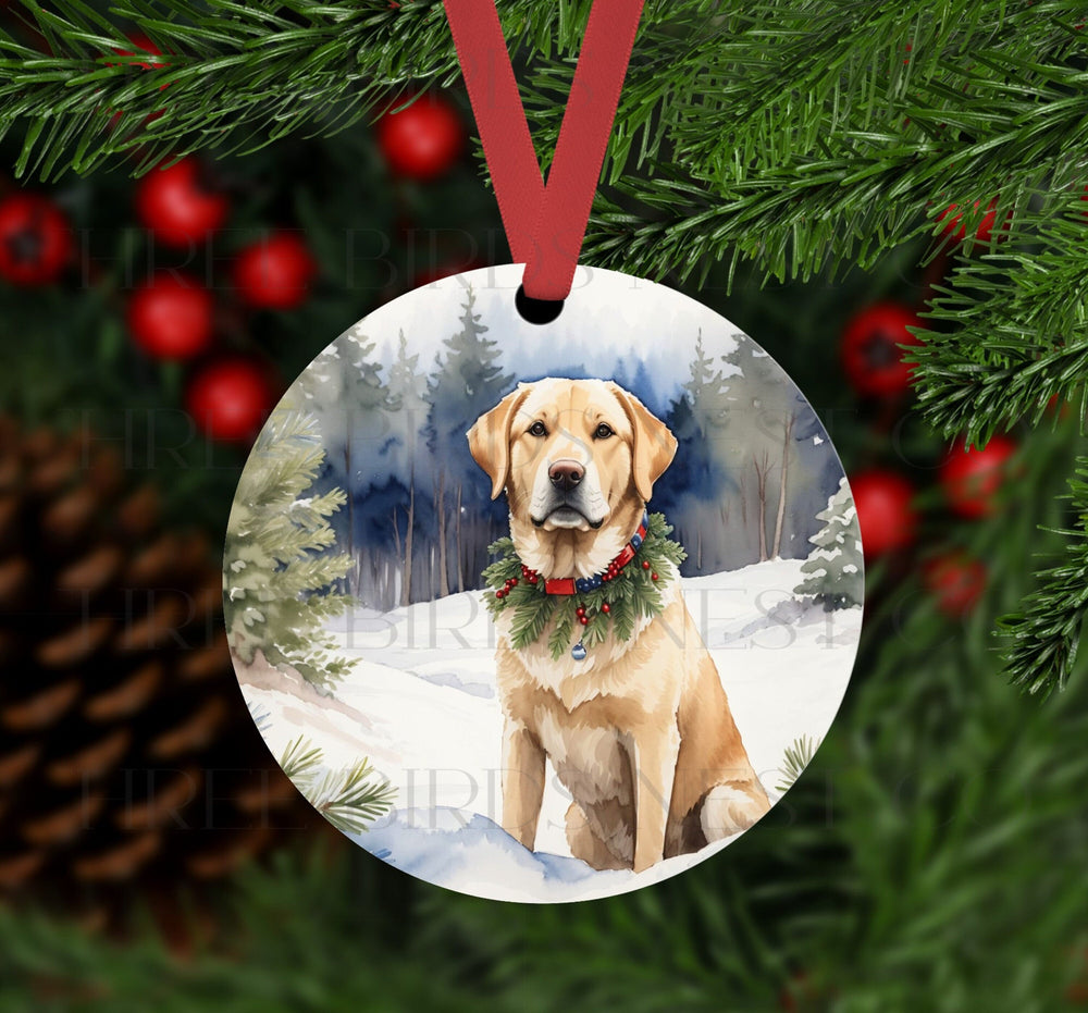 An ornament with a yellow Labrador Retriever in a Winter setting