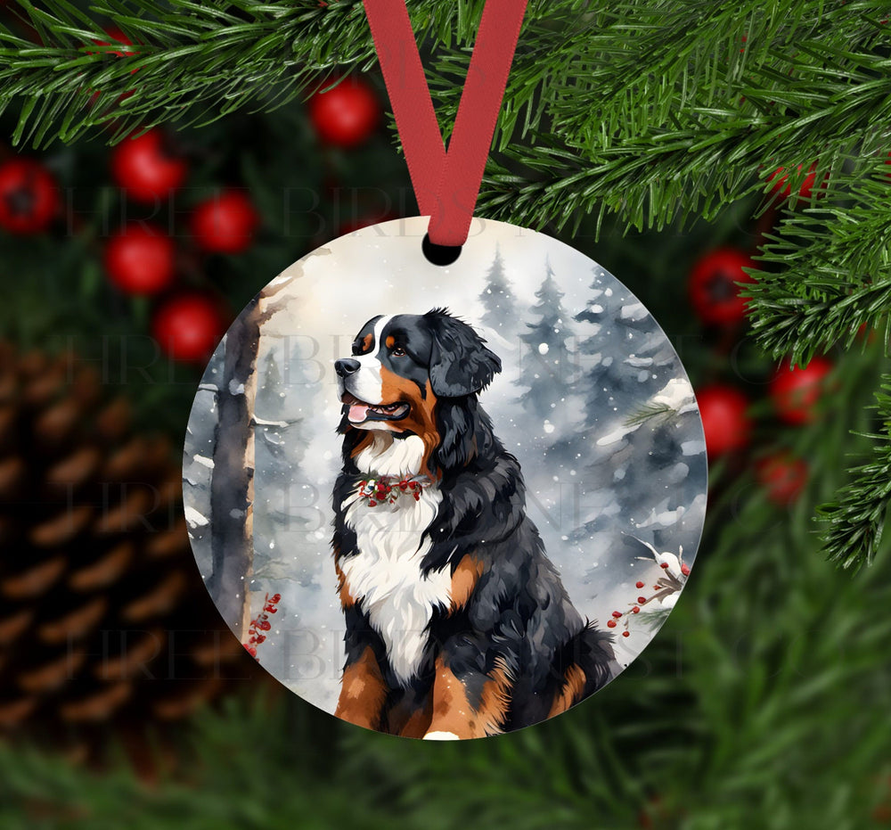 An ornament with a Bernese Mountain Dog in a Winter setting