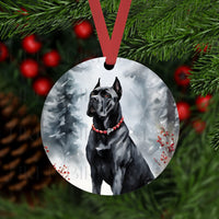 An ornament with a Cane Corso dog in a Winter setting