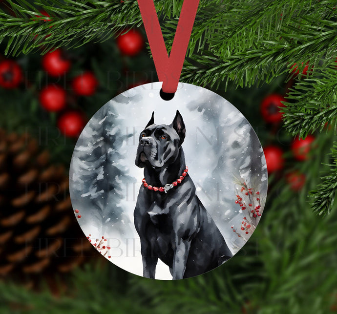 An ornament with a Cane Corso dog in a Winter setting