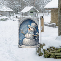 An adorable Snowman Garden Flag in pale blue and white