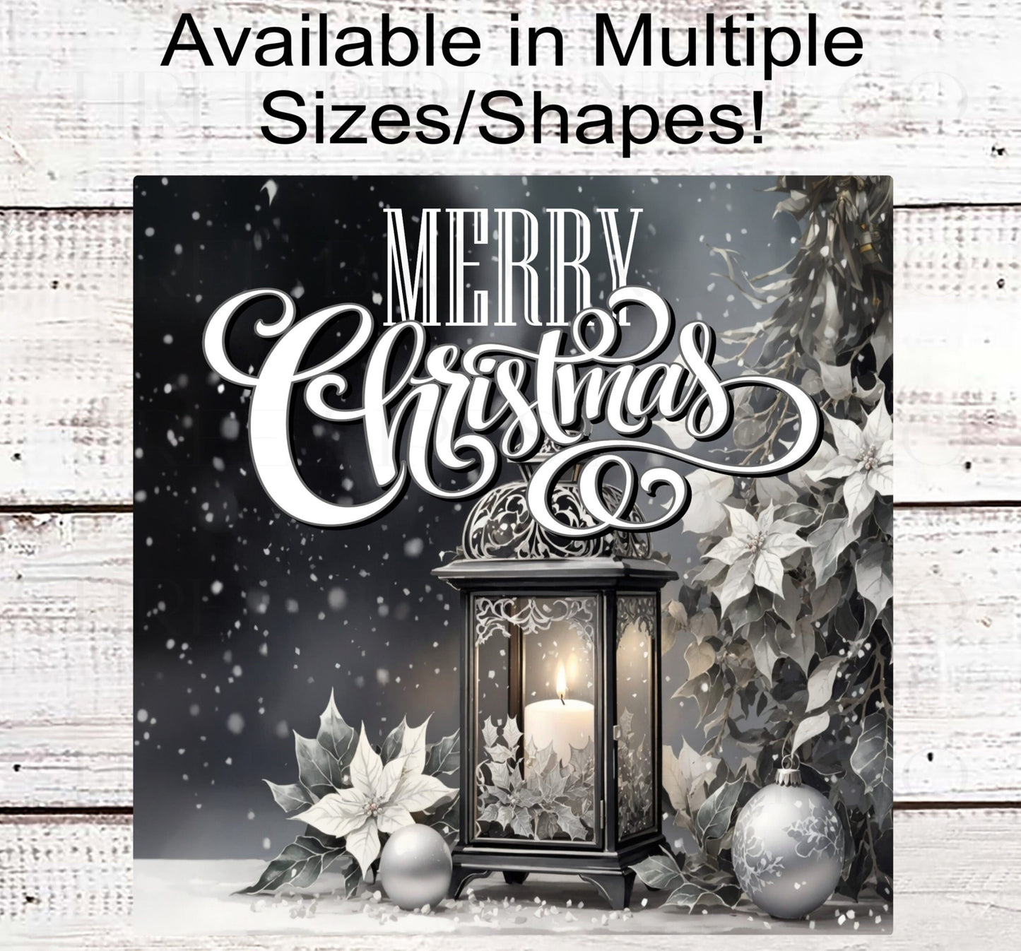 Merry Christmas Lantern Wreath Sign - Poinsettia Sign - Monotone Colors