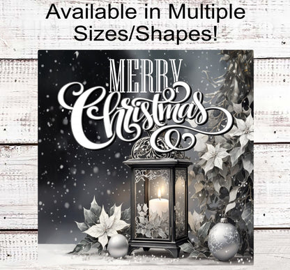 Merry Christmas Lantern Wreath Sign - Poinsettia Sign - Monotone Colors