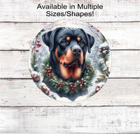 
              A Rottweiler Dog in a Winter Wonderland setting wearing a festive collar of greenery, berries and pine cones.
            