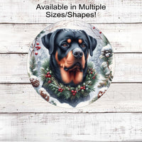 A Rottweiler Dog in a Winter Wonderland setting wearing a festive collar of greenery, berries and pine cones.