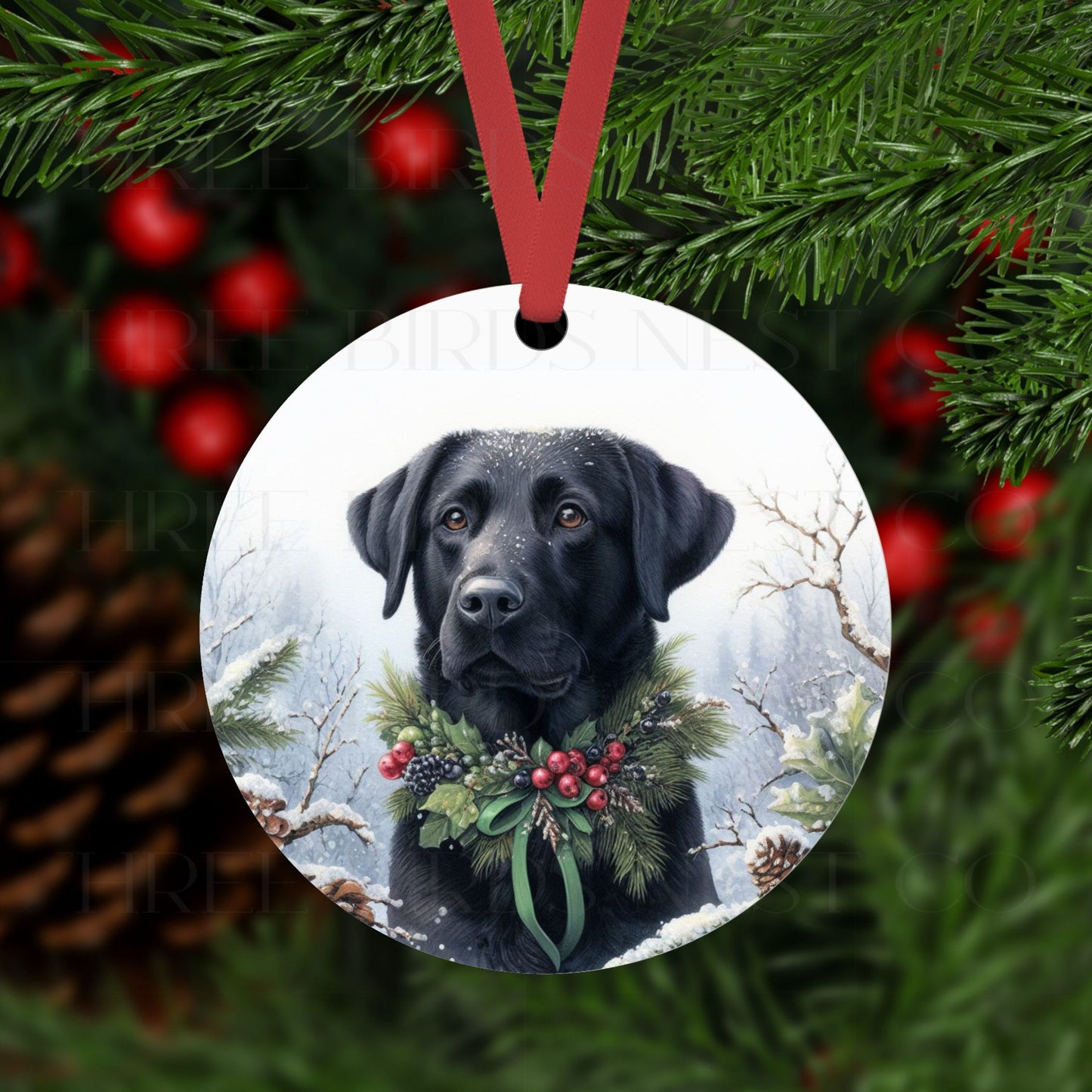 An ornament with a black Labrador Retriever in a Winter setting
