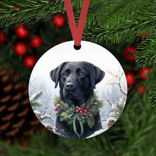 An ornament with a black Labrador Retriever in a Winter setting