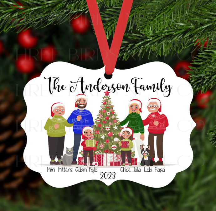 A Custom 2023 Family ornament with family members and pets