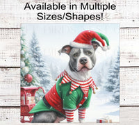 
              Christmas Dog Wreath Sign - Staffordshire Terrier Dog - Pit Bull Dog - Christmas Elf- Winter Welcome
            