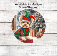 
              Christmas Dog Wreath Sign -Yorkshire Terrier Dog - Christmas Elf- Winter Welcome
            