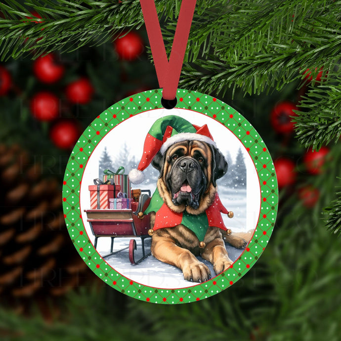 An ornament with an English Mastiff dressed as a Christmas Elf.