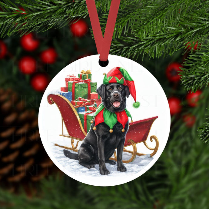 An ornament with black Labrador Retriever dressed as a Christmas Elf.