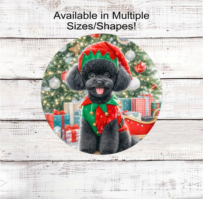 A black Poodle Dog dressed as a Christmas Elf.