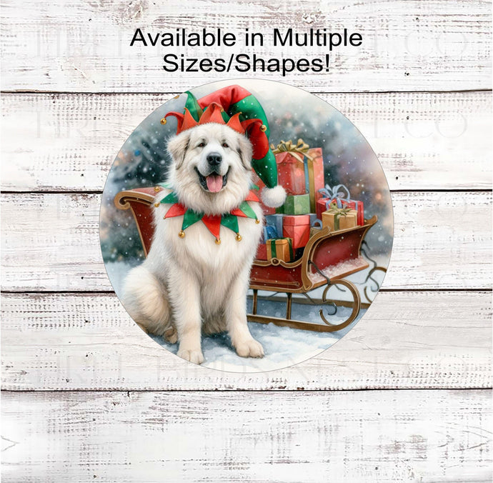 An adorable Great Pyrenees Dog dressed as a Christmas Elf.