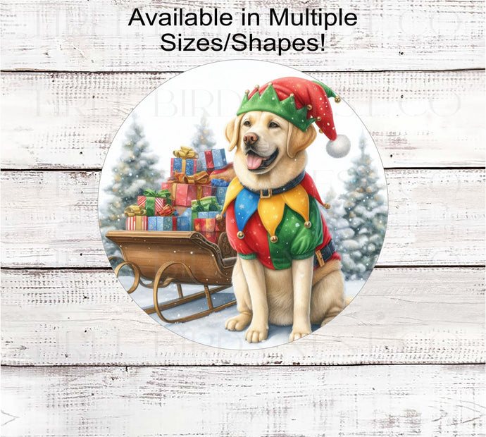 An adorable Yellow Labrador Retriever Dog dressed as a Christmas Elf.