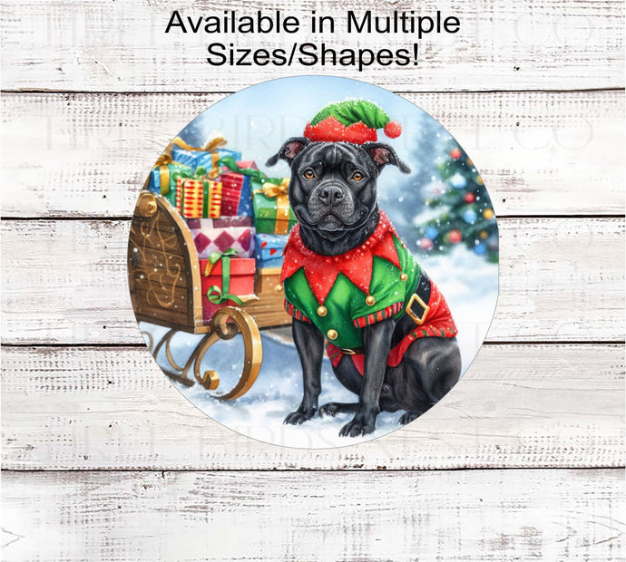 An adorable Black Pit Bull Dog dressed as a Christmas Elf.