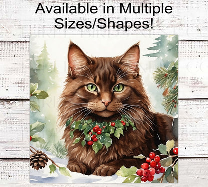 Fluffy Brown Winter Cat Wreath Sign - Christmas Cat - Holly Sign