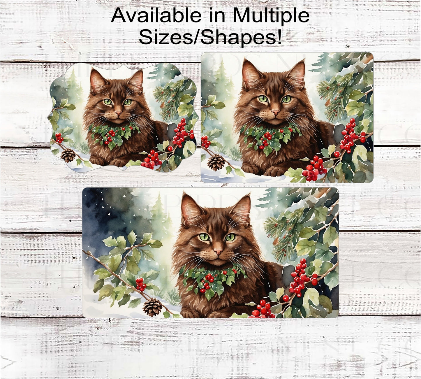 Fluffy Brown Winter Cat Wreath Sign - Christmas Cat - Holly Sign