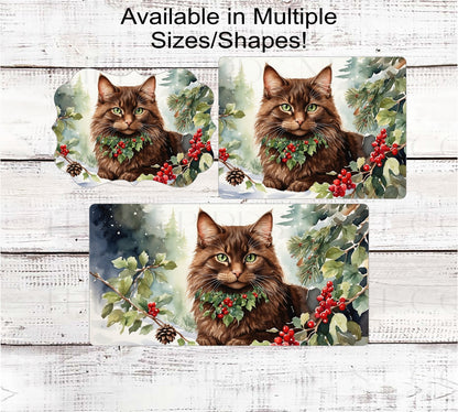 Fluffy Brown Winter Cat Wreath Sign - Christmas Cat - Holly Sign