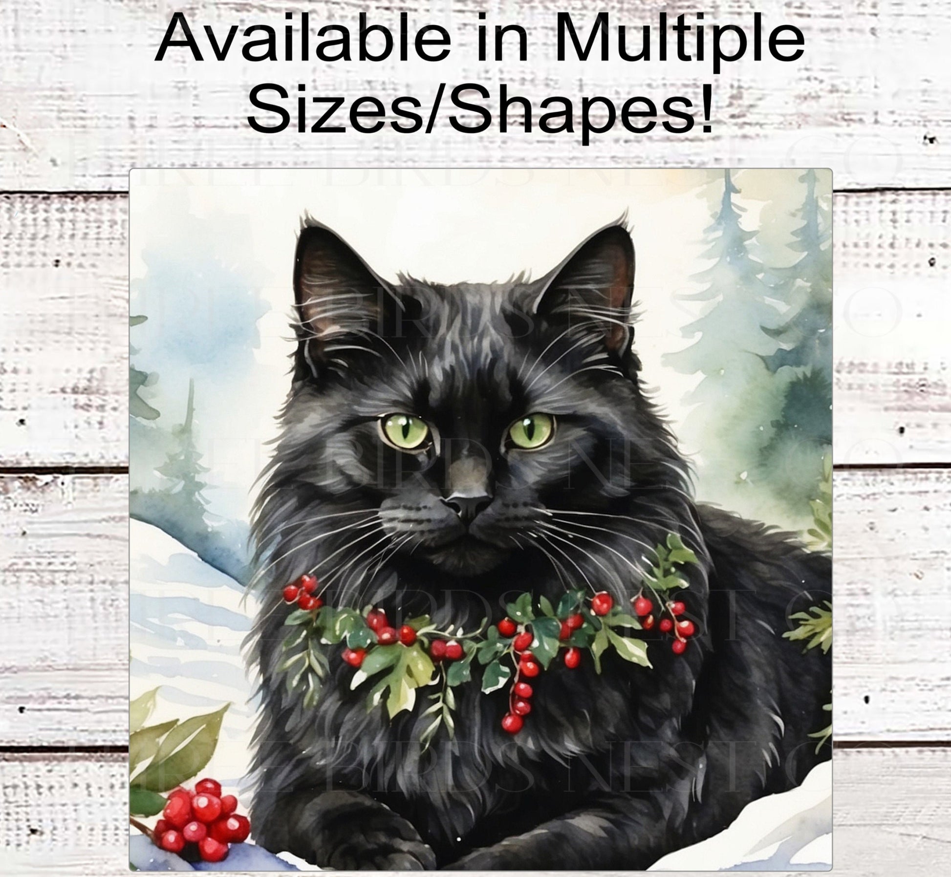 Fluffy Black Winter Cat Wreath Sign - Christmas Cat - Holly Sign