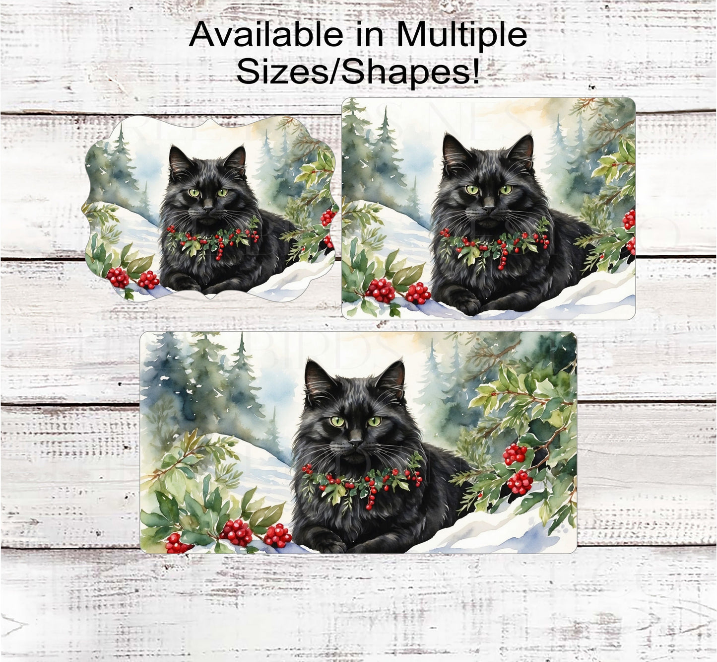 Fluffy Black Winter Cat Wreath Sign - Christmas Cat - Holly Sign