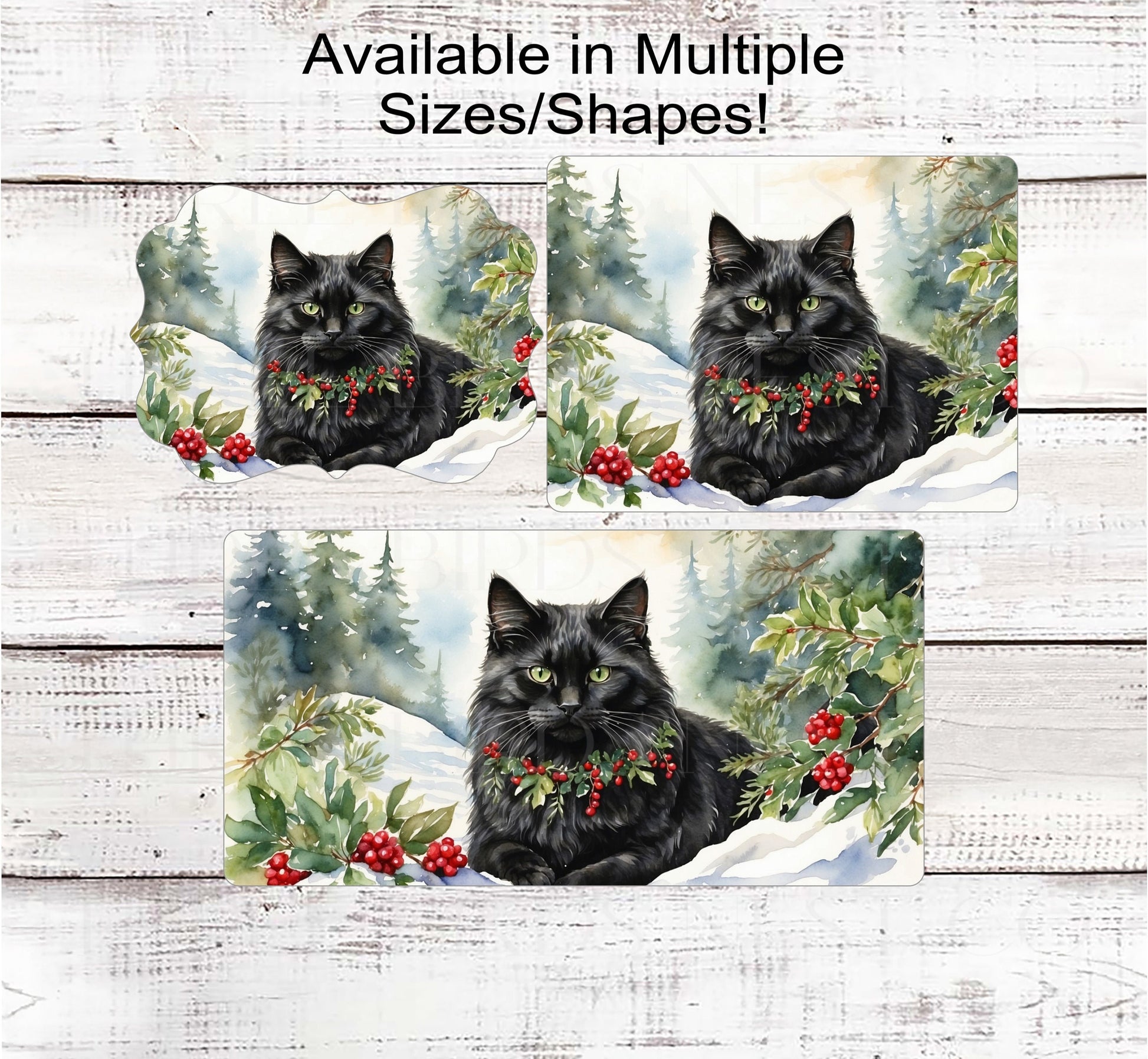 Fluffy Black Winter Cat Wreath Sign - Christmas Cat - Holly Sign