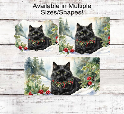 Fluffy Black Winter Cat Wreath Sign - Christmas Cat - Holly Sign