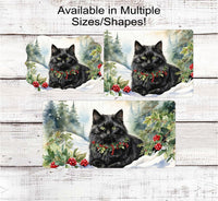 
              Fluffy Black Winter Cat Wreath Sign - Christmas Cat - Holly Sign
            