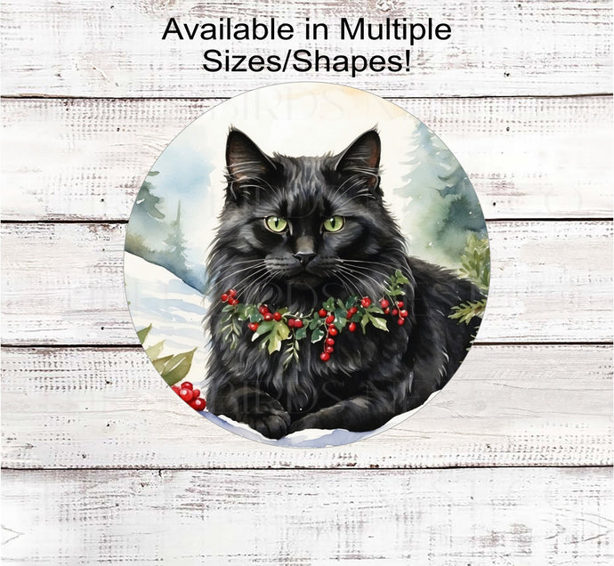 A fluffy black Cat with a festive collar in a winter wonderland.