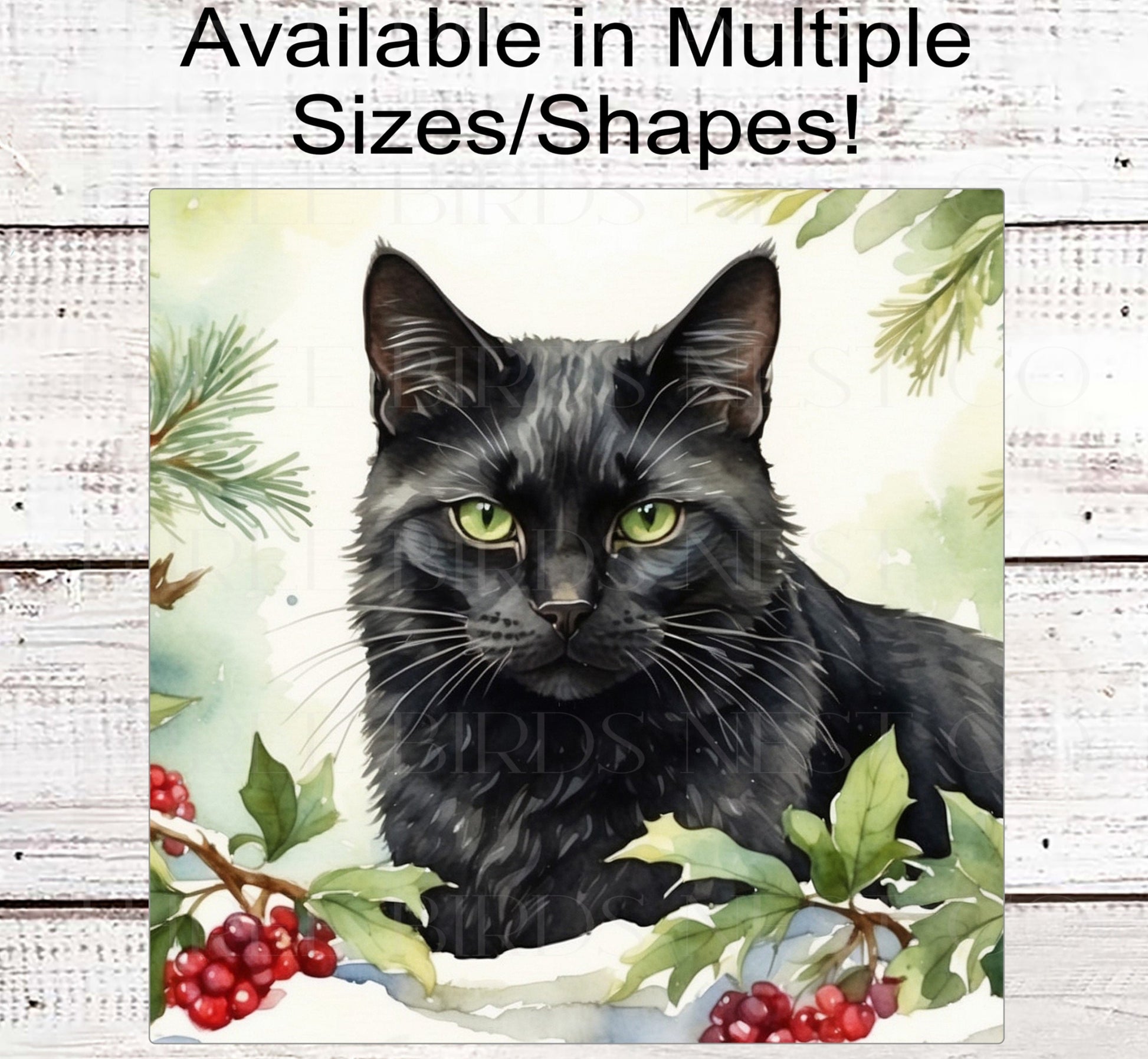Black Cat Wreath Sign - Christmas Cat - Holly Sign - Winter Welcome