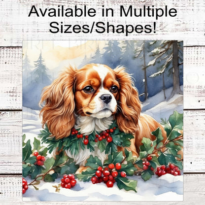 Christmas Dog Wreath Sign - Cavalier King Charles Spaniel Dog - Winter Welcome