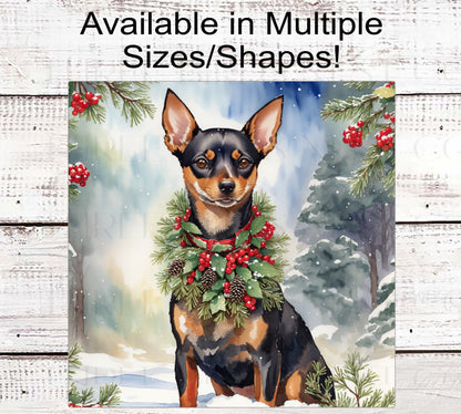 Christmas Dog Wreath Sign - Miniature Pinscher - Mini Pin Dog - Winter Welcome