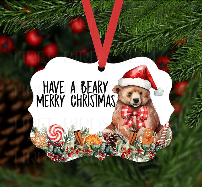 A fluffy brown Bear in a Santa Hat with a greenery cookie and candy border.
