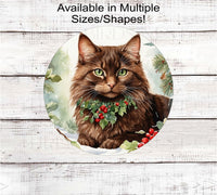 
              Fluffy Brown Winter Cat Wreath Sign - Christmas Cat - Holly Sign
            