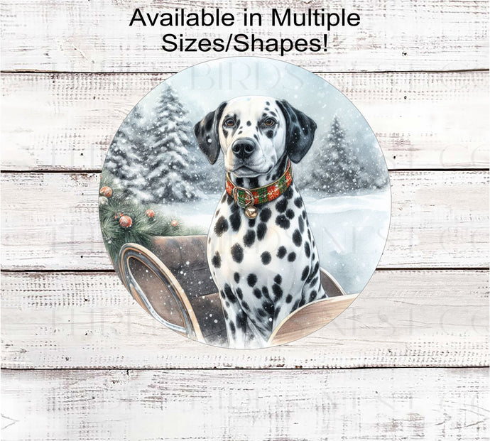 A beautiful Dalmatian dog with a festive collar in a winter wonderland.