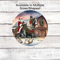 
              Santa Claus riding a Gypsy Vanner horse in front of a Christmas barn.
            