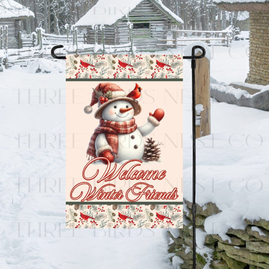 An adorable waving Snowman with a Cardinal bird