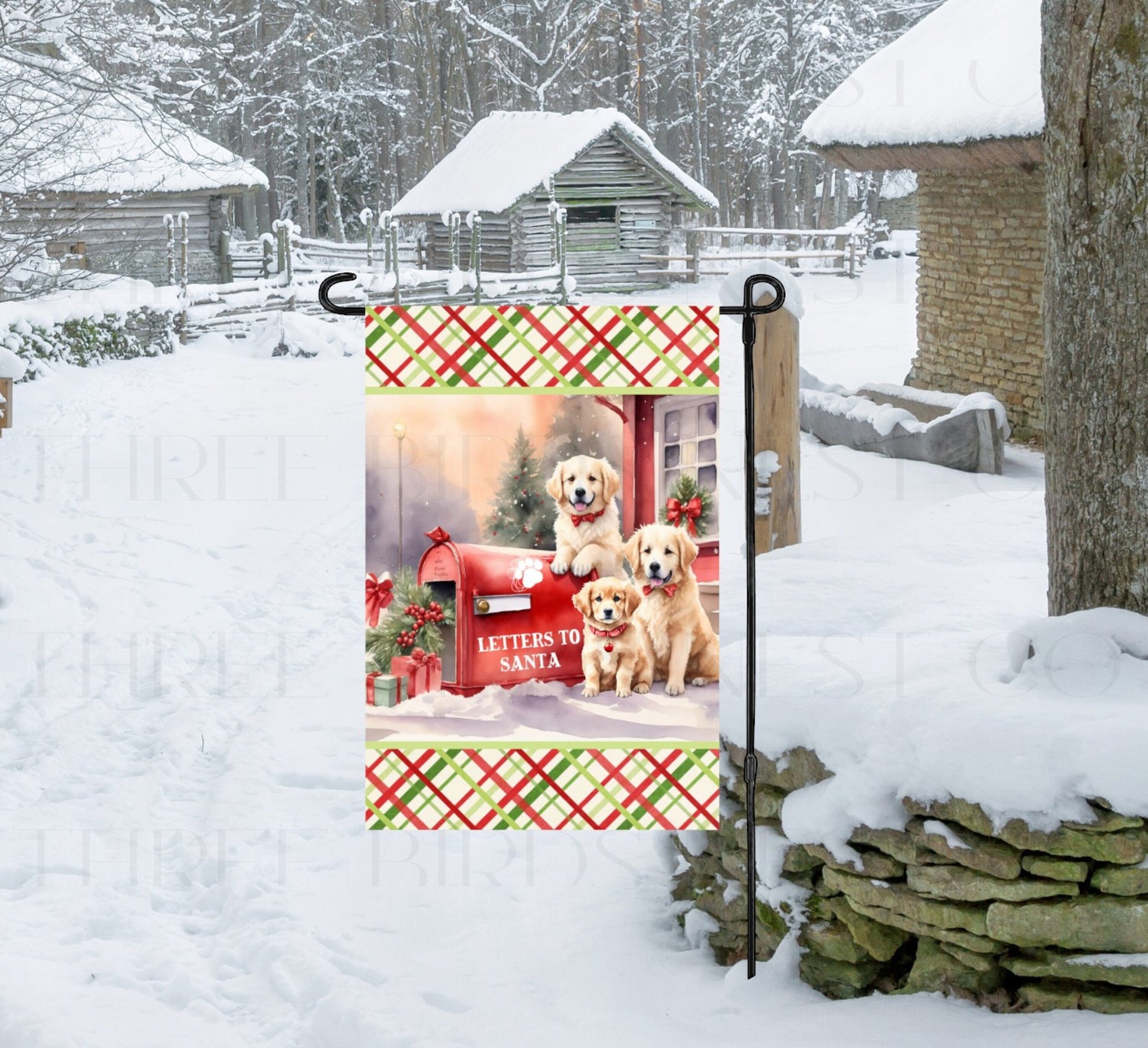 An adorable trio of Golden Retrievers next to a Christmas mailbox that&#39;s marked Letters to Santa.