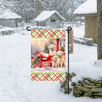 An adorable trio of Golden Retrievers next to a Christmas mailbox that&#39;s marked Letters to Santa.